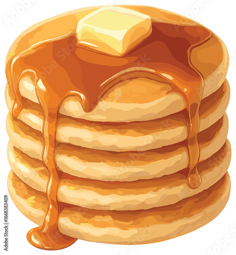 Fluffy pancake stack vector: buttery breakfast bliss with syrup drizzle - perfect morning delight