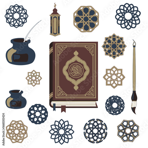Set of vector elements of the Islamic holy book al quran, ornaments, writing brushes, lanterns.