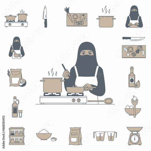 A set of vector elements of an Islamic hijab woman in a kitchen with cooking utensils and a stove.