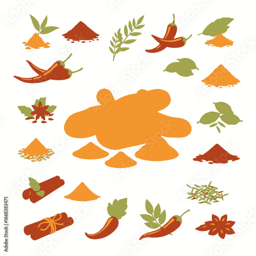 A set of vector elements of kitchen spices, turmeric, galangal, chili