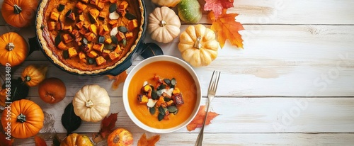 Delicious autumn meal featuring stuffed pumpkins- squash- sweet potato soup- and pumpkin pie on a white wooden table.