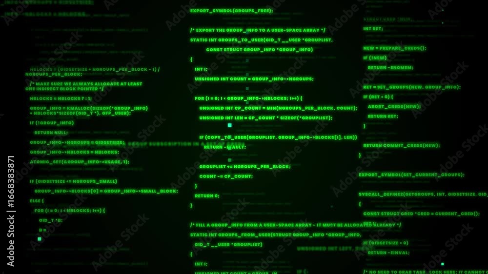 A dynamic and detailed motion graphic showing a stream of green binary code with a subtle glitch effect, perfect for cybersecurity and tech themes.