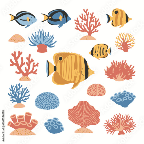 A set of vector elements of fish, coral reefs, plants.