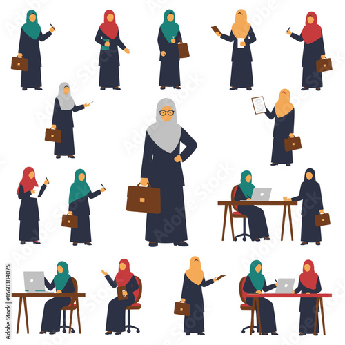 A set of vector elements of islamic women hijab fashion style dress