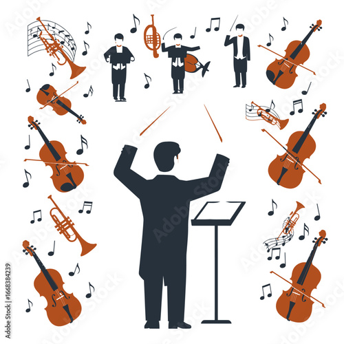 A set of vector elements of a musical orchestra conductor, violin, trumpet,