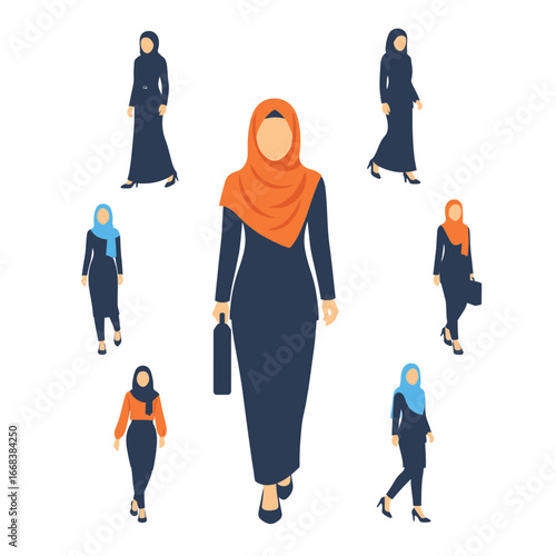 A set of vector elements of islamic women hijab fashion style dress