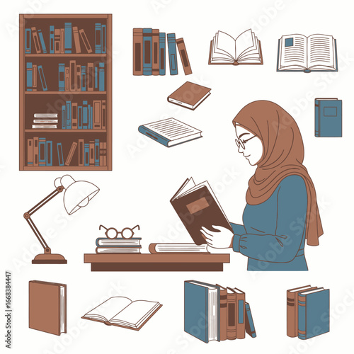 A set of vector elements of islam woman hijab, studying, reading books, bookshelf.