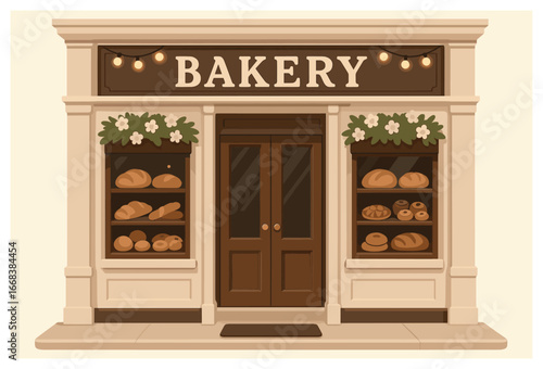 Charming bakery facade illustration: quaint storefront with breads and pastries