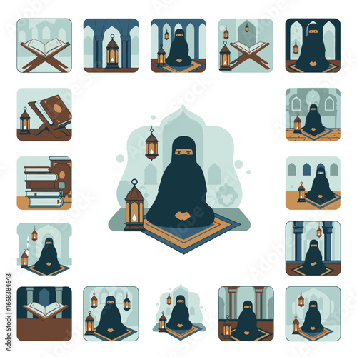 A set of vector elements of Muslim woman hijab praying with lantern ornaments, holy book of Quran, prayer beads.