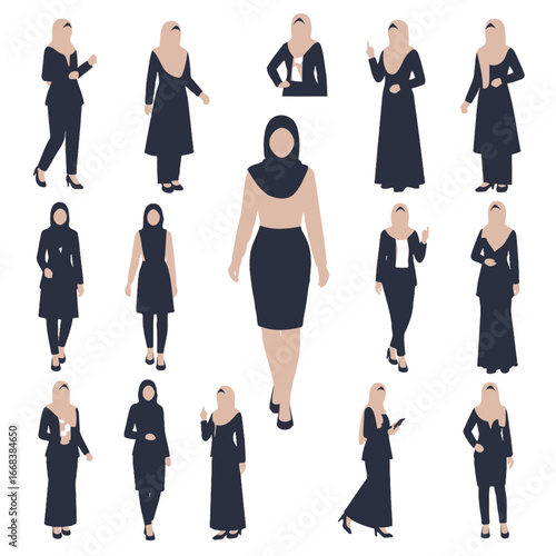 A set of vector elements of islamic women hijab fashion style dress