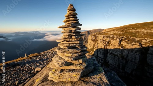 A cairn of stacked stones stands prominently on a mountain peak, overlooking a vast landscape with cliffs and distant clouds under a clear sky.