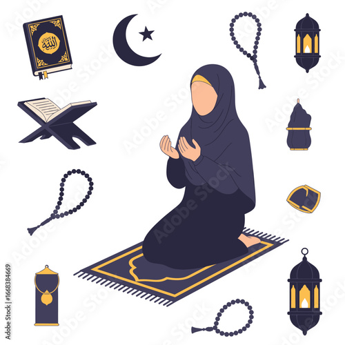 A set of vector elements of Muslim woman hijab praying with lantern ornaments, holy book of Quran, prayer beads.