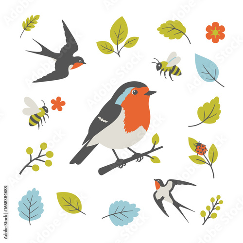 A set of vector elements of bullfinch birds, leaves, bees.