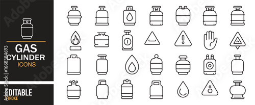 Outline icons of gas tanks, bottles, and hazard warnings in vector illustration style.