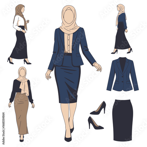 A set of vector elements of islamic women hijab fashion style dress