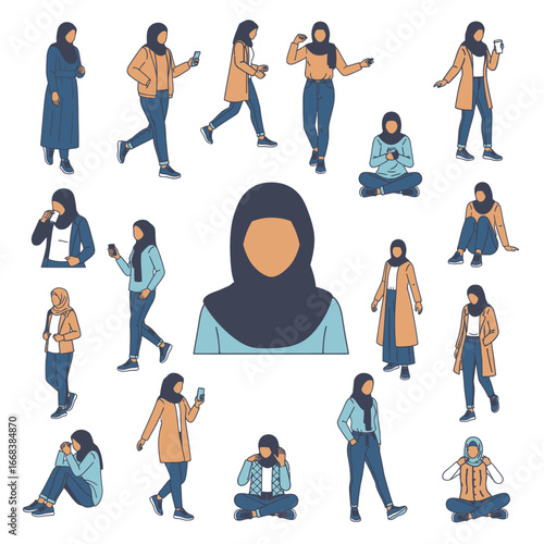 A set of vector elements of islamic women hijab fashion style dress