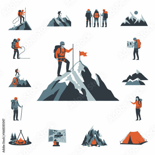 Illustrative depiction of mountain climbers conquering a peak.