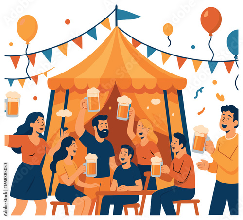 Lively beer festival vector: oktoberfest celebration, drink, party, friends, fun, tent atmosphere