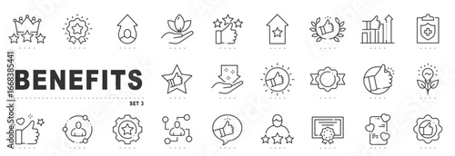 Benefits icon set featuring rewards, bonuses, incentives, awards, quality approval, loyalty membership, wellness, insurance protection, rating vector outline, editable stroke