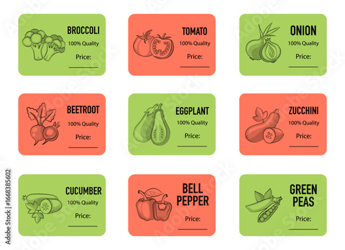 Hand-Drawn Vegetable Price Tags. Retro Label Templates