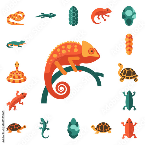 A vibrant illustration featuring a chameleon and various reptiles.