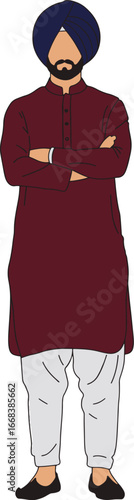 Flat minimal of Punjabi man in maroon kurta with navy turban and white pajama standing isolated on white background