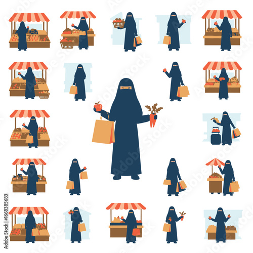 Various illustrations of a Muslim woman in a niqab shopping for fruits and vegetables at a farmers market.