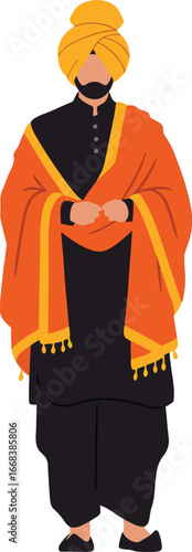 Minimal vector of Punjabi man in black kurta pajama with phulkari shawl and yellow turban isolated on white background
