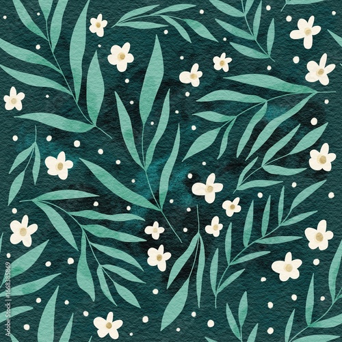 Hand-drawing floral pattern with white blossoms and teal leaves on deep green; gouache look, textured watercolor paper, seamless design.
