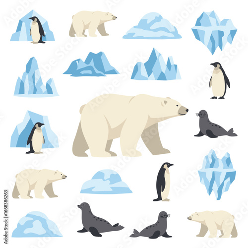 Cute arctic animals and ice formations illustration.