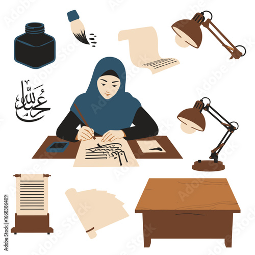 A woman in hijab practices Islamic calligraphy, using traditional tools and illuminated by lamps.