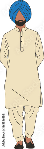 Flat minimal Punjabi man in cream kurta pajama with blue turban isolated on white background