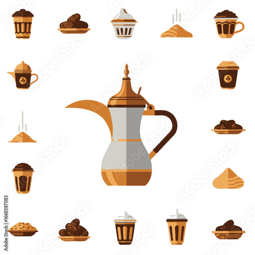 Arabic coffee pot with dates and coffee cups illustration