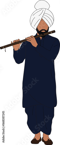Flat minimal Punjabi man in navy kurta pajama with white turban playing flute isolated on white background