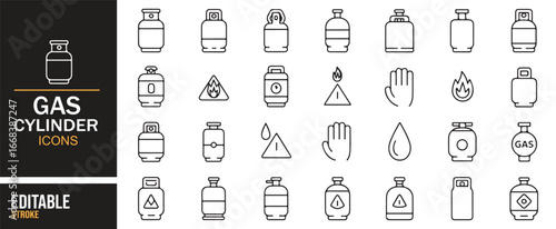 Modern outline icons of gas cylinders, propane storage, and fuel containers.