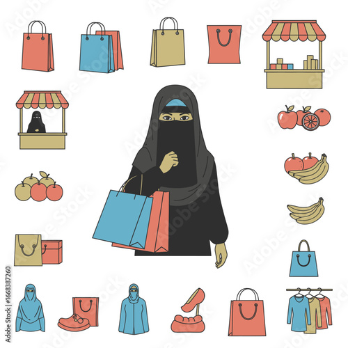 A vibrant illustration of a Muslim woman enjoying a shopping spree, surrounded by various items.