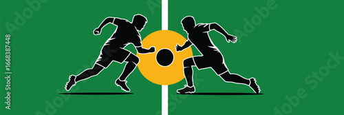 Two soccer players running towards a ball in the center of a green field with a white dividing line