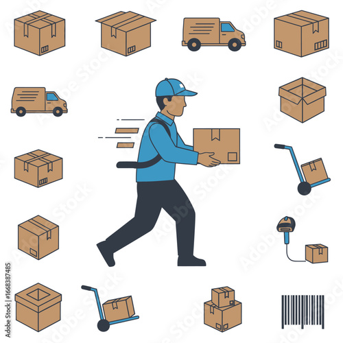 A fast delivery courier running with a package.  Efficient shipping service.
