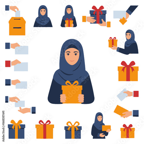 A vibrant illustration showing a Muslim woman in a hijab receiving a gift and participating in an election.