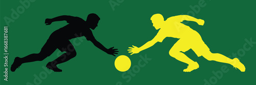 Two figures in silhouette reaching for a yellow ball on a green background in a graphic illustration
