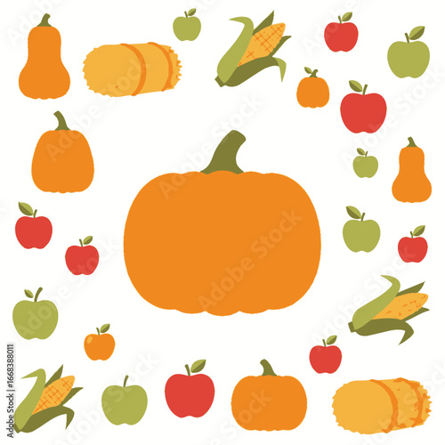 Vibrant autumn harvest illustration featuring pumpkins, apples, and corn.