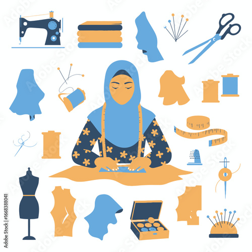 Illustration of a Muslim woman sewing, surrounded by sewing tools and fabrics.