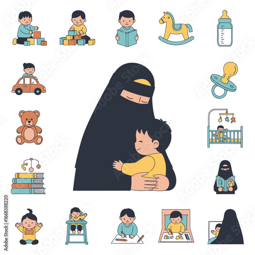 A loving mother embraces her baby.  Illustrative depiction of motherhood and family in Islamic culture.