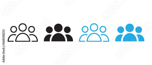 Team And Community Icon Set. 4 Stylized User Group Symbols in Black and Blue for UI & App Design.