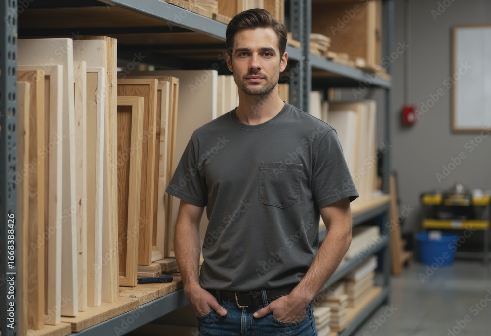 Fototapeta premium Mount-making coordinator standing beside a storage rack filled with plain mounts