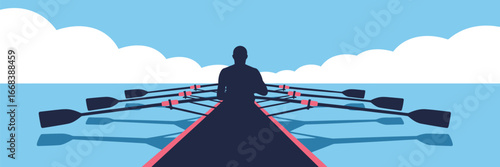 A silhouette of a rower in a boat with oars on the water under a cloudy sky in a stylized illustration