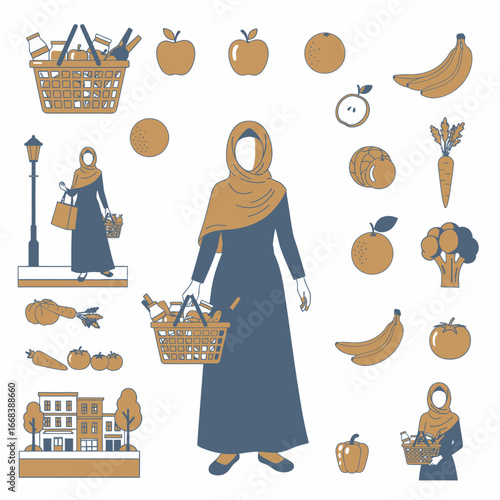 A Muslim woman in a hijab carries a basket of fresh groceries.  Healthy lifestyle illustration.