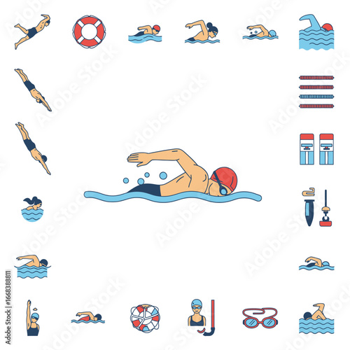 Illustration of various swimming strokes and equipment. Perfect for educational materials or sports websites.