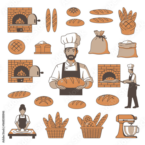 Illustration of bakers making bread in a bakery.