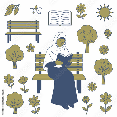 A woman wearing a hijab sits on a park bench, reading a book surrounded by nature.